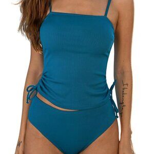 CUPSHE  Ribbed Tankini Two Piece Swimsuit Teal Lined Ruched Drawstring NEW Large